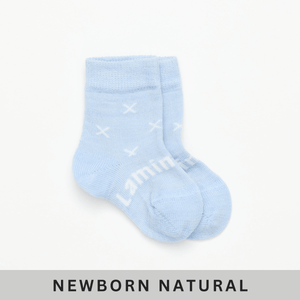 Merino Wool Crew Socks for Baby in Beau, light blue with natural cross pattern for newborns.