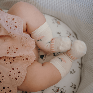 Merino Wool Crew Socks for Baby in Rosa, natural baby socks with floral designs, soft and cozy.