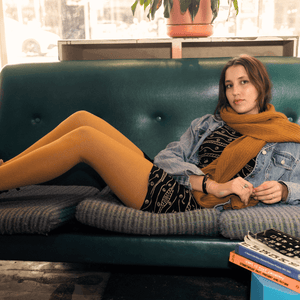 woman wearing merino wool tights mustard winter NZ