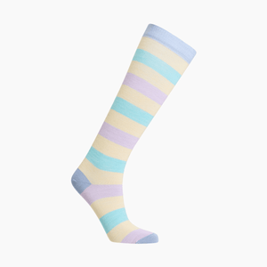 Lamington women's merino knee high socks with pastel blue, yellow, green and lilac stripes made in New Zealand