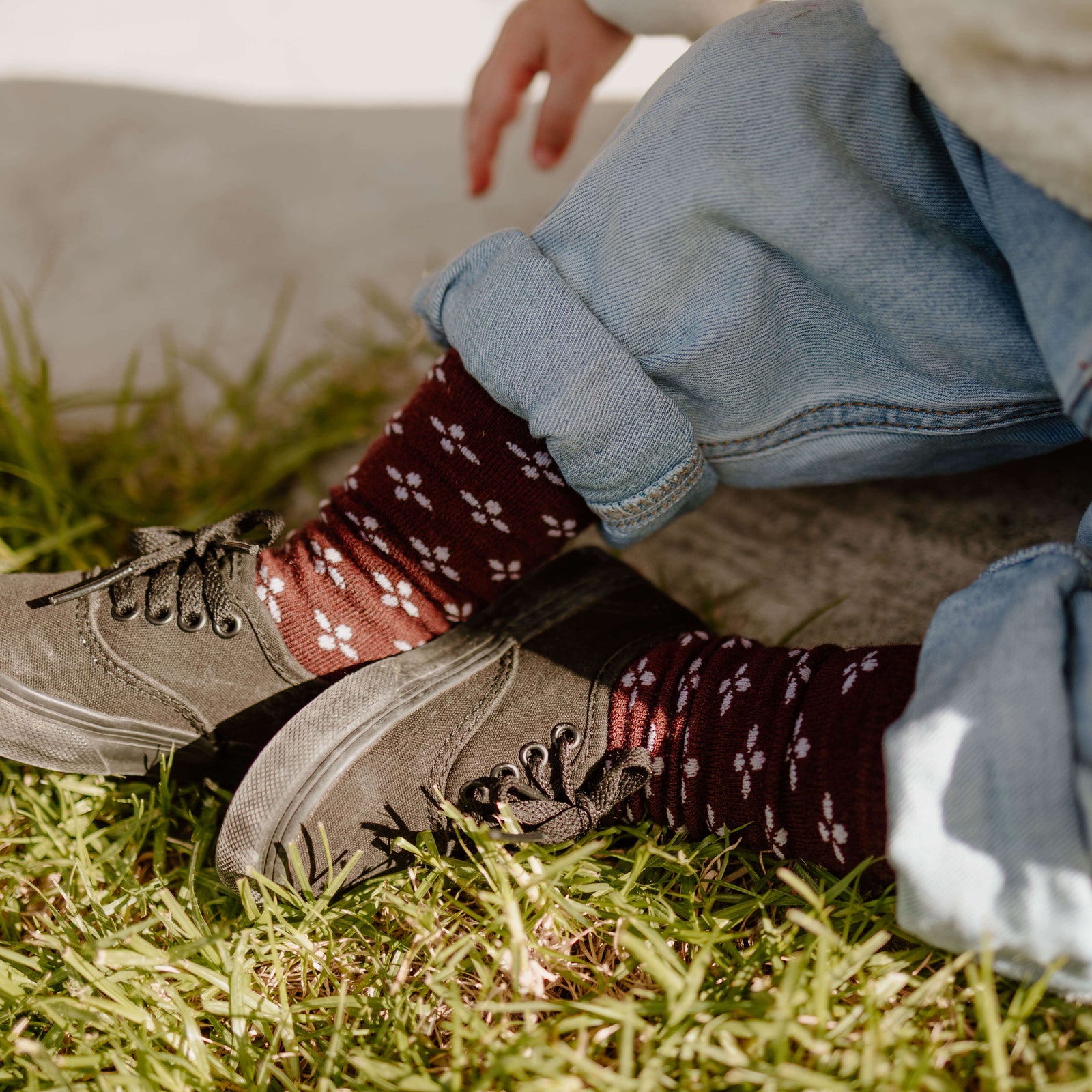 Merino Wool Knee High Socks in rich fig with lilac tear drop cross pattern for baby from Ritz.