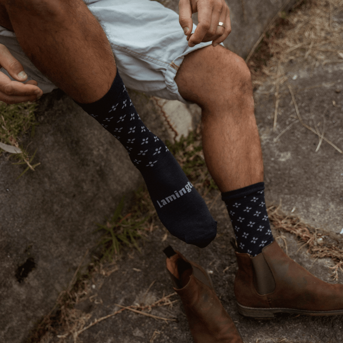 Merino Wool Crew Socks for Men in navy with light blue cross pattern by Savile