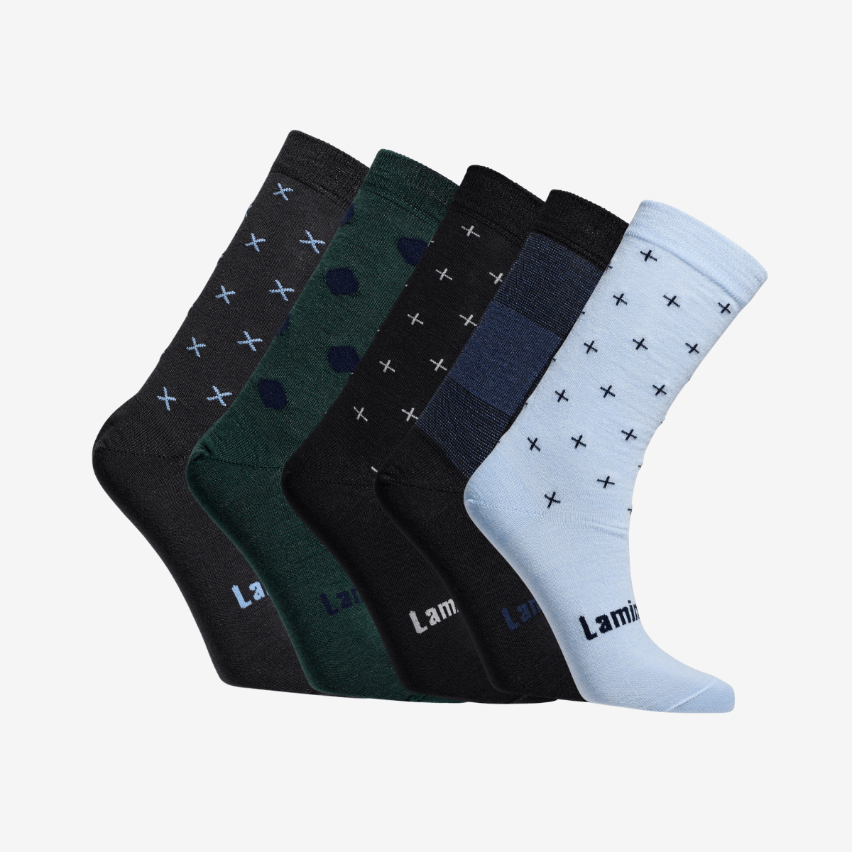 pack of 5 pairs of kids merino socks in various designs and colours