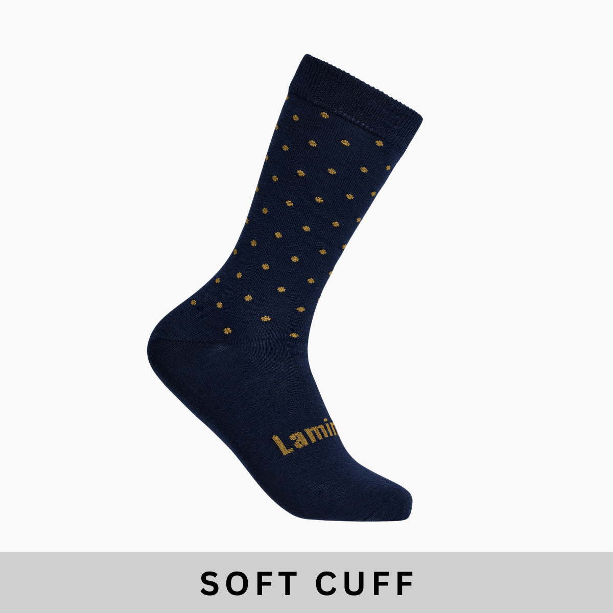 Merino Wool Soft Cuff Crew Socks with navy color and oxidised yellow dots for stylish all-day wear.