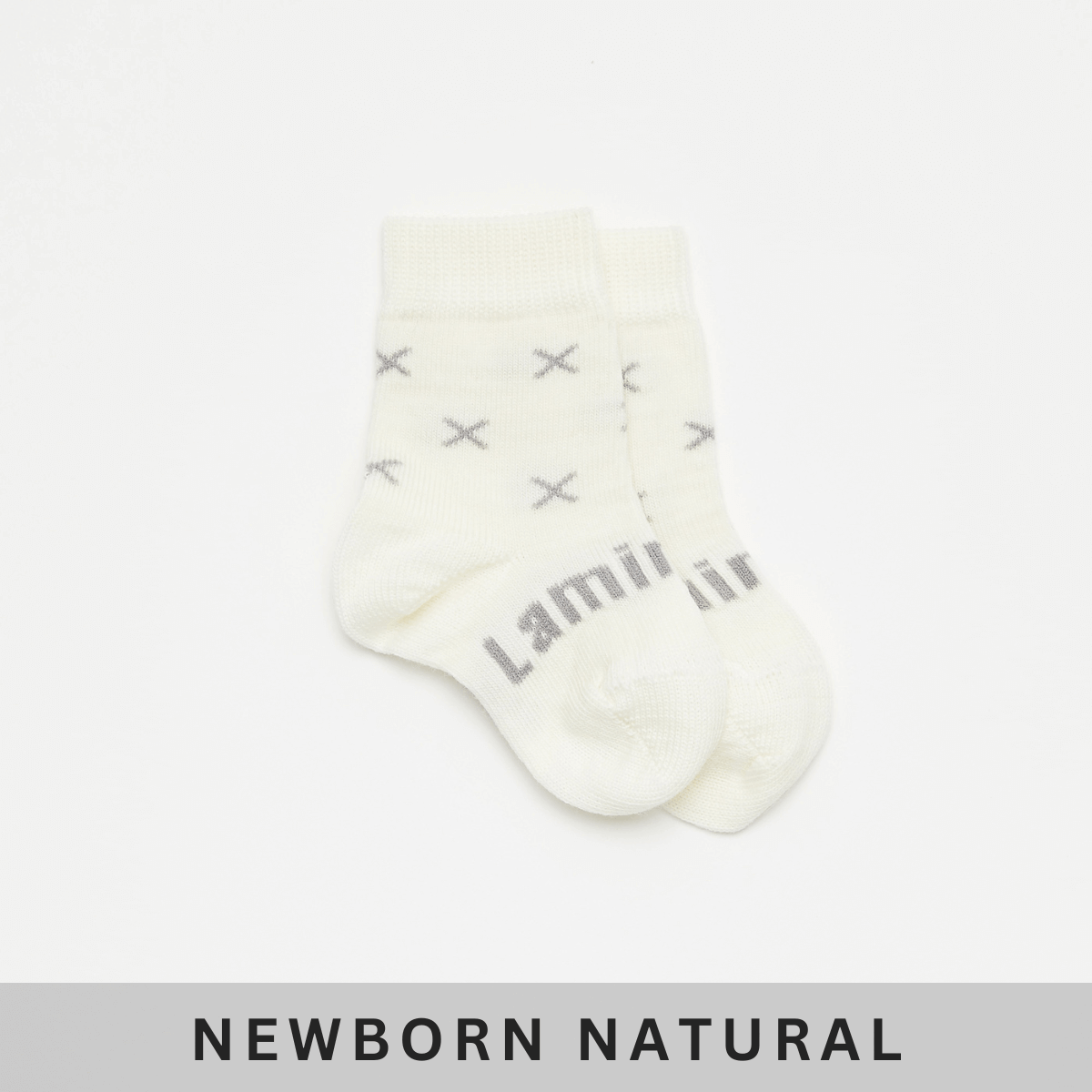 Merino Wool Crew Socks | BABY | Fox - Newborn natural socks with grey cross pattern for baby feet.