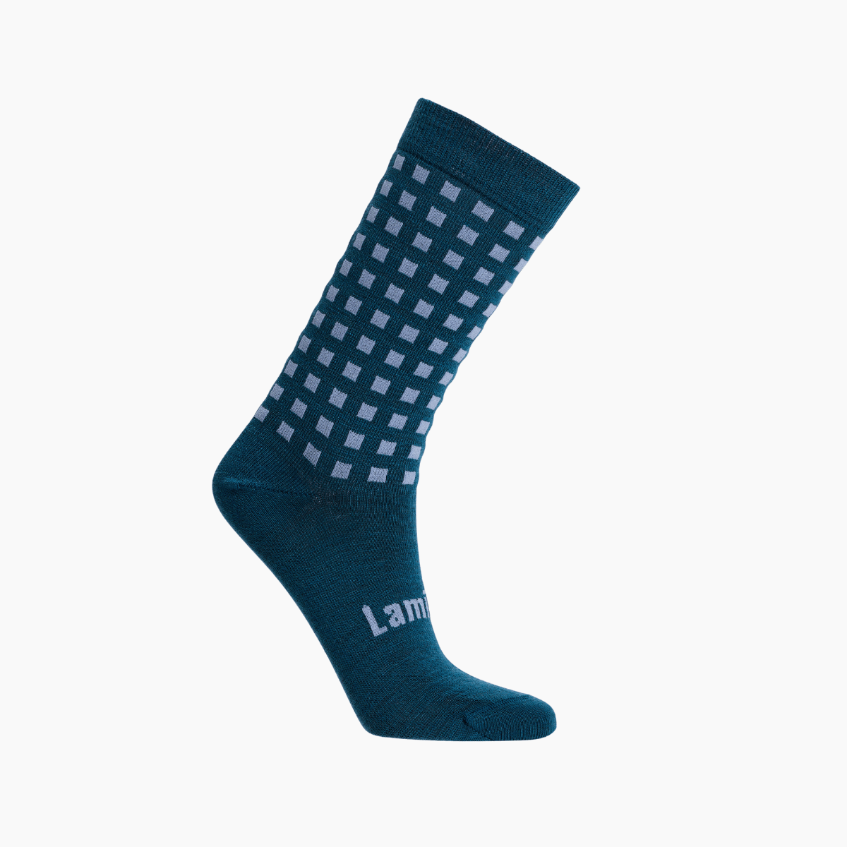 Merino Wool Crew Socks for Women in deep teal with light blue grid pattern, stylish and versatile for everyday use.