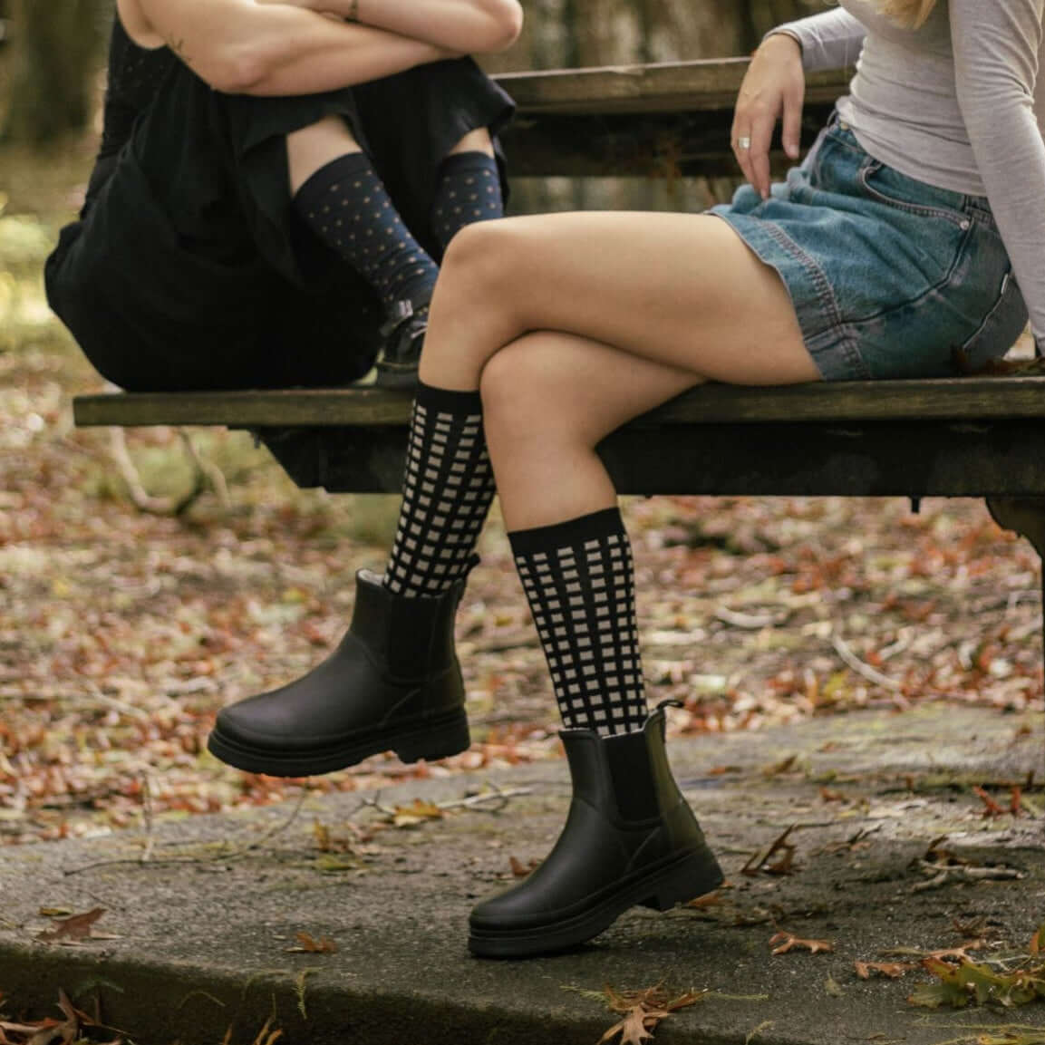 Merino Wool Knee High Socks for Women, black with latte grid pattern, stylish and comfortable for everyday wear.
