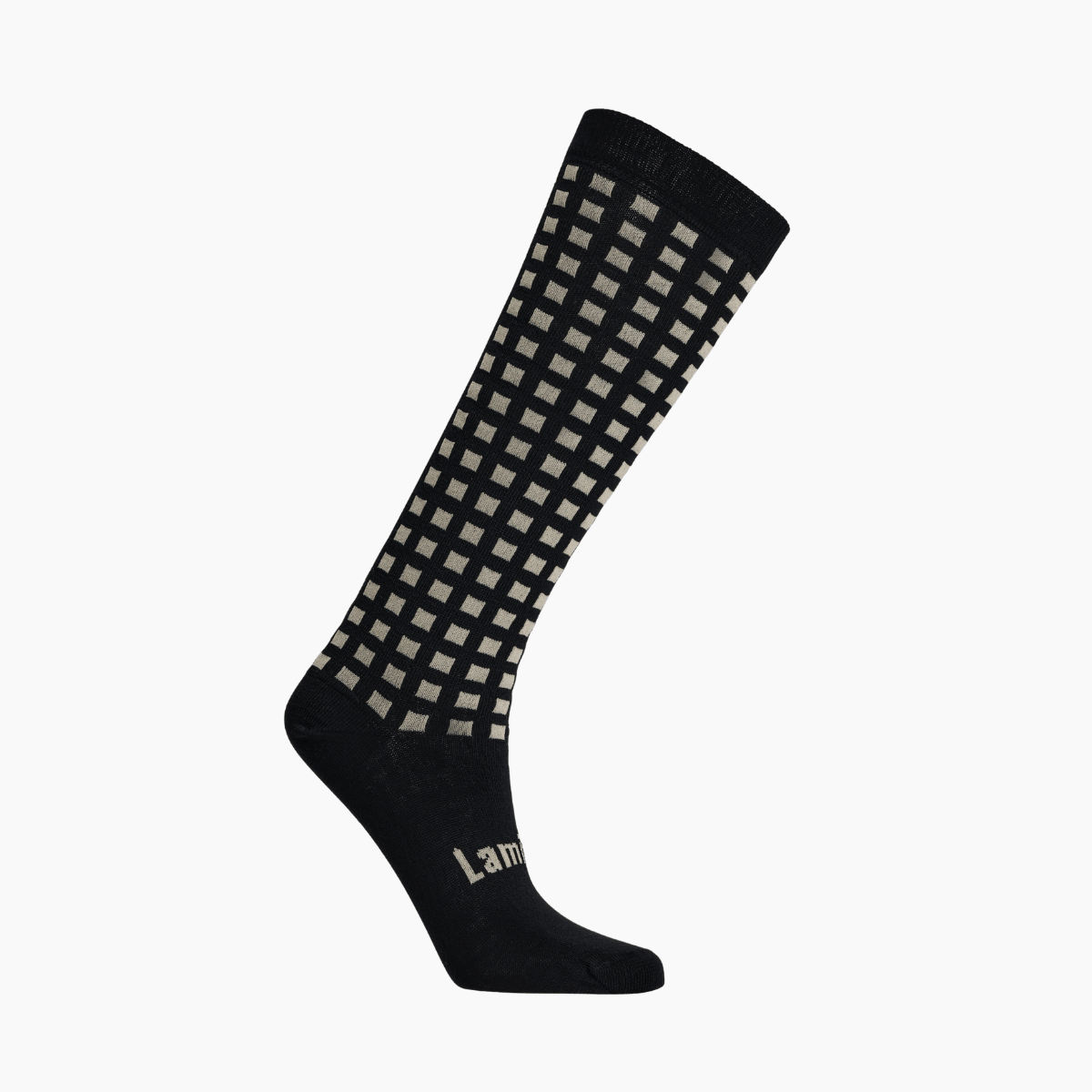 Merino Wool Knee High Socks for child featuring a latte grid design on a black base, ideal for comfort and warmth.