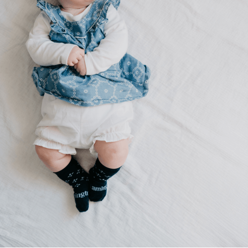 Merino Wool Crew Socks in navy blue with floral design for babies by Savile