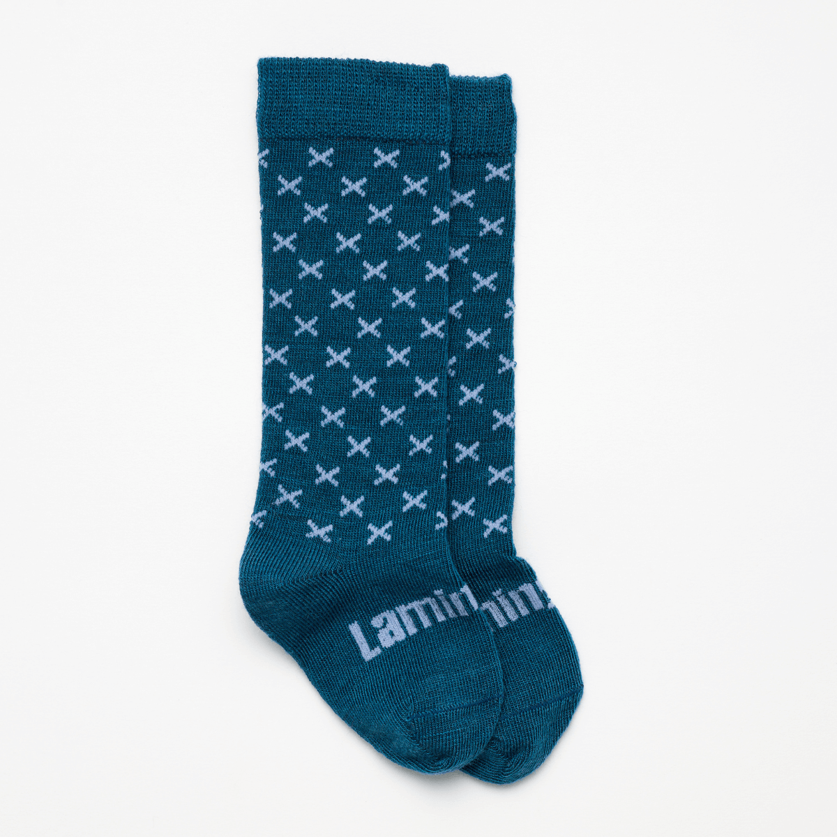 Merino Wool Knee High Socks for Baby in deep blue with soft baby blue cross pattern, cozy and breathable.