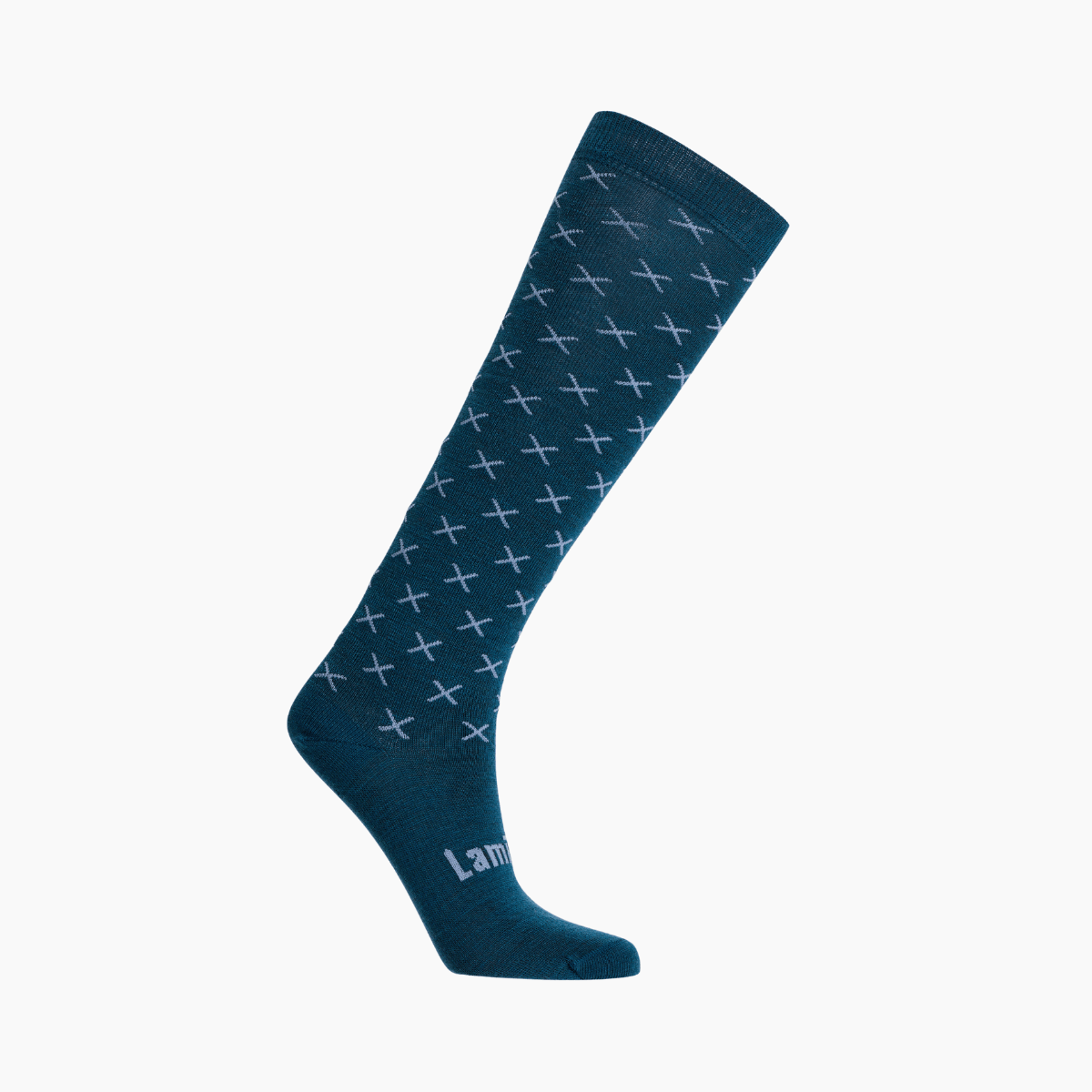 Merino Wool Knee High Socks for Child in deep blue with baby blue cross pattern, ideal for warmth and style.