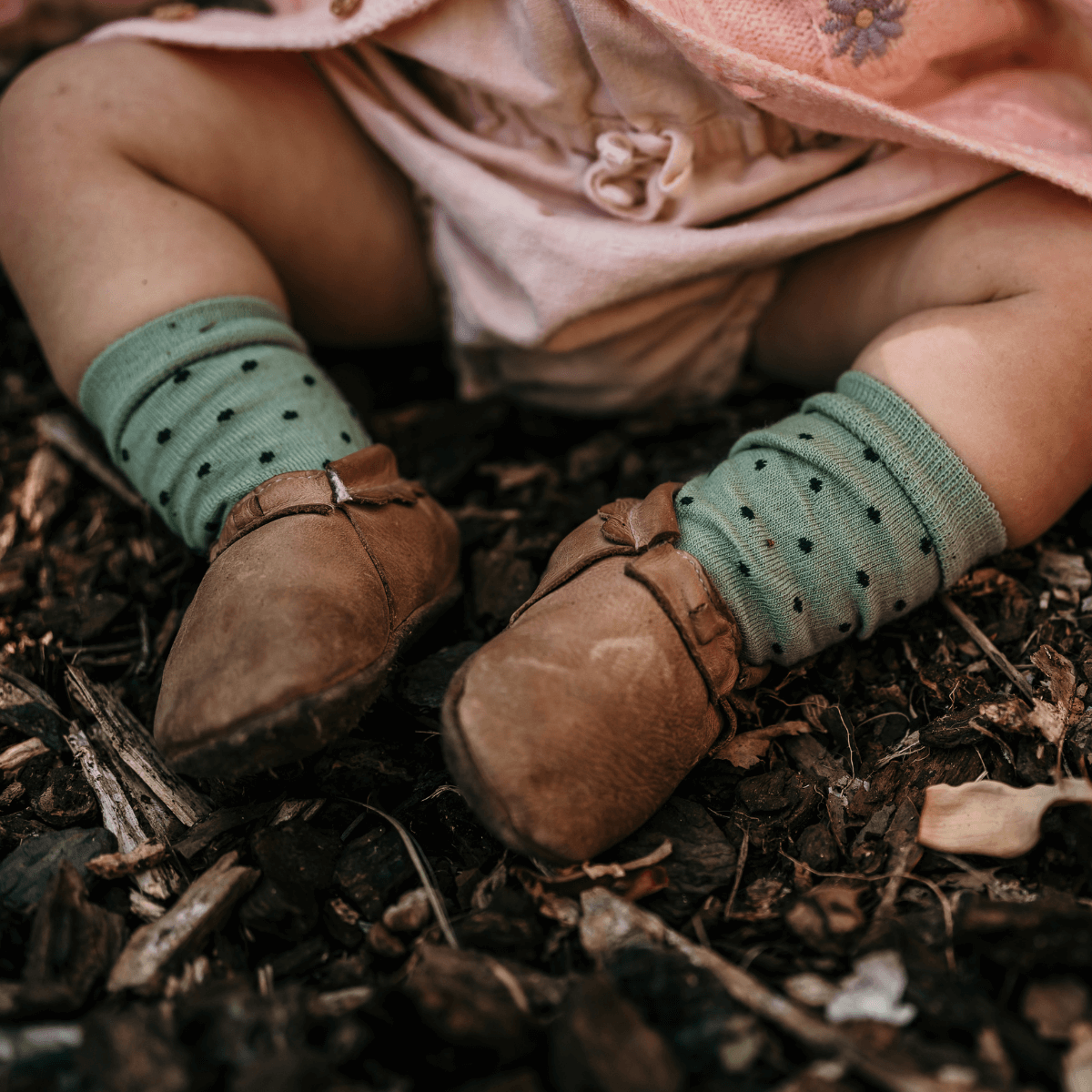 Light Green with dark green spots merino wool baby crew socks by Lamington NZ