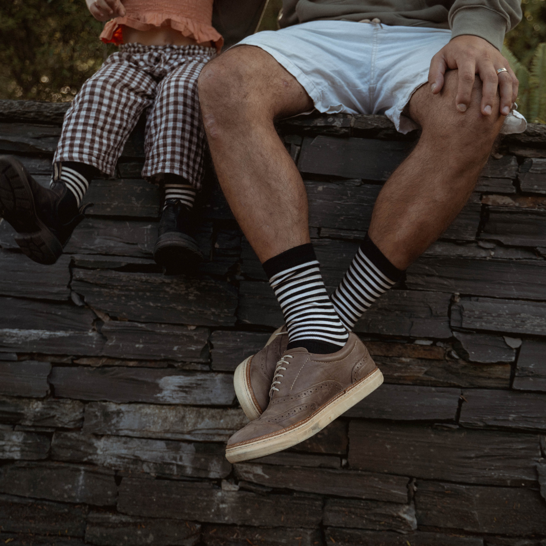 Merino Wool Crew Socks with black base and latte horizontal stripes, perfect for style and comfort.