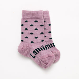 Lilac with dark green spots merino wool baby crew socks by Lamington NZ