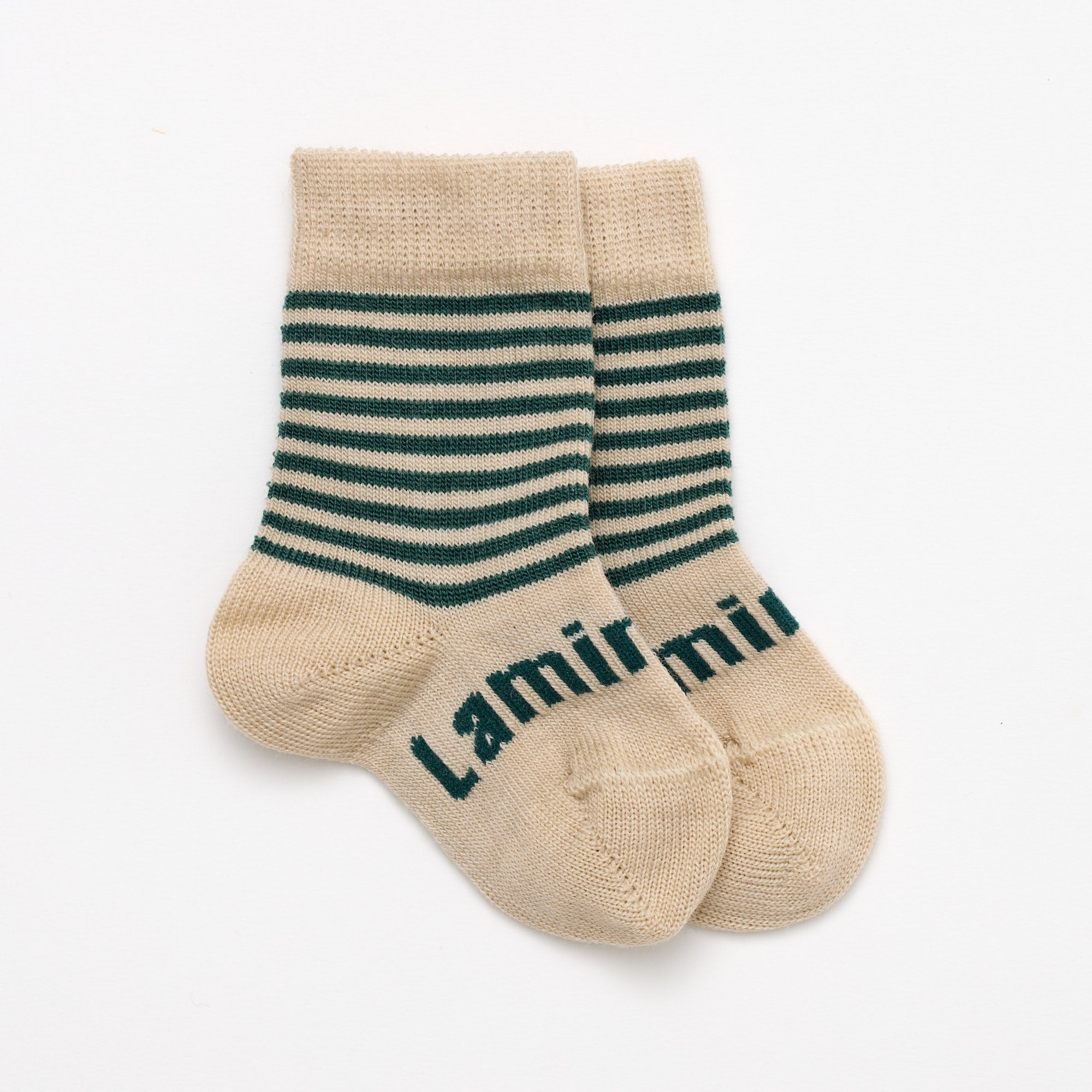 Oatmeal with dark green stripes merino wool baby crew socks by Lamington NZ