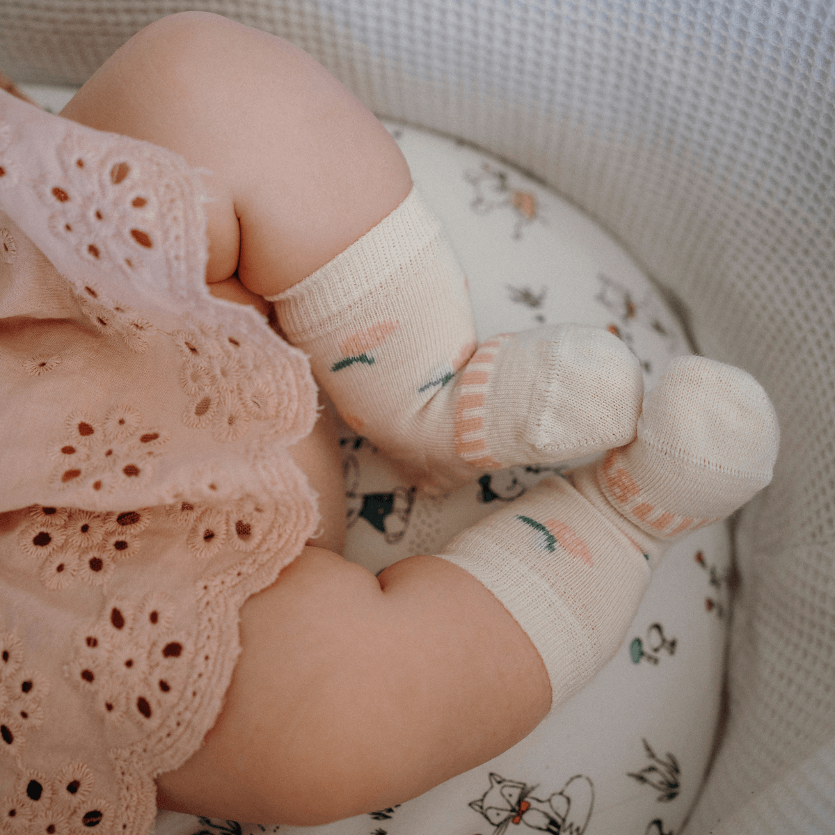 Merino Wool Baby crew socks cream with pink flowers by Lamington NZ