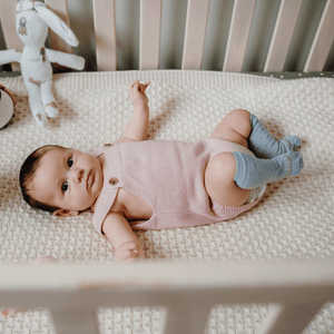 knee-high baby socks merino wool blue with tiny lilac spots nz