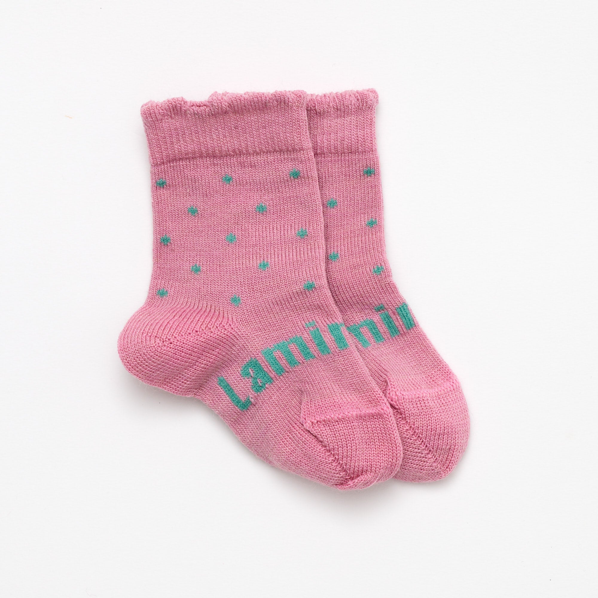 Pink with sage green spots merino wool baby crew socks by Lamington NZ