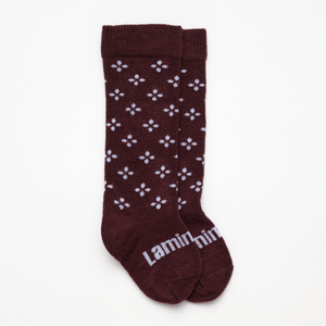 Merino Wool Knee High Socks in rich fig with lilac tear drop cross pattern for baby from Ritz.