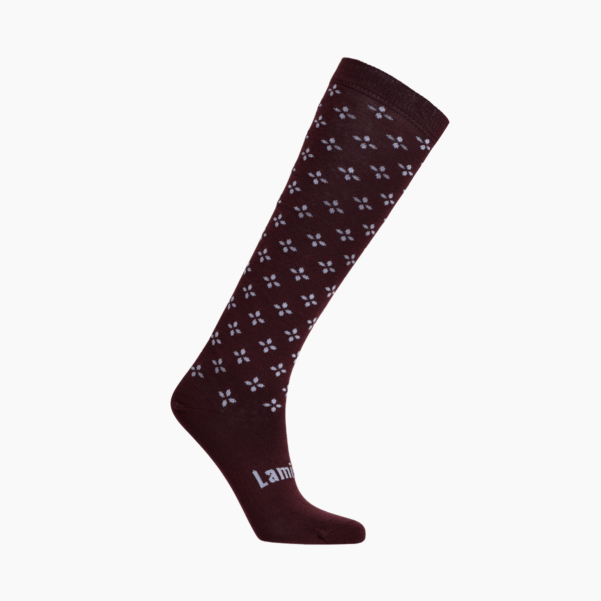Merino Wool Knee High Socks for child in rich fig base with lilac cross pattern, ideal for warmth and comfort.