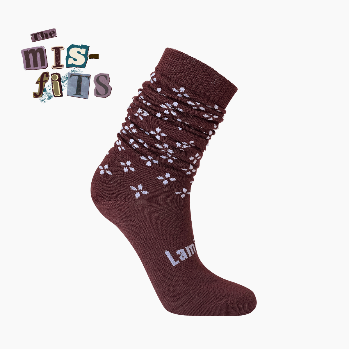 Merino Wool Socks from the Mis-fits collection featuring a maroon design with floral patterns.