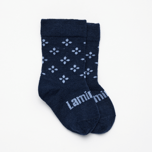 Merino Wool Crew Socks in navy blue with floral design for babies by Savile