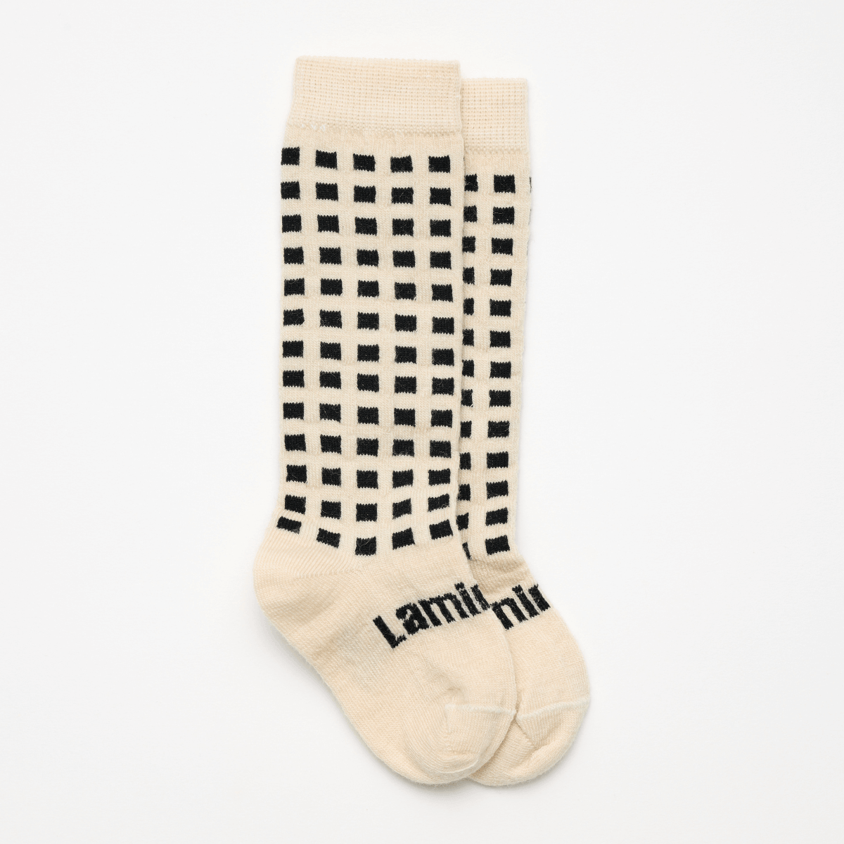 Merino Wool Knee High Socks for Baby in a latte base with black grid design by Toi Toi