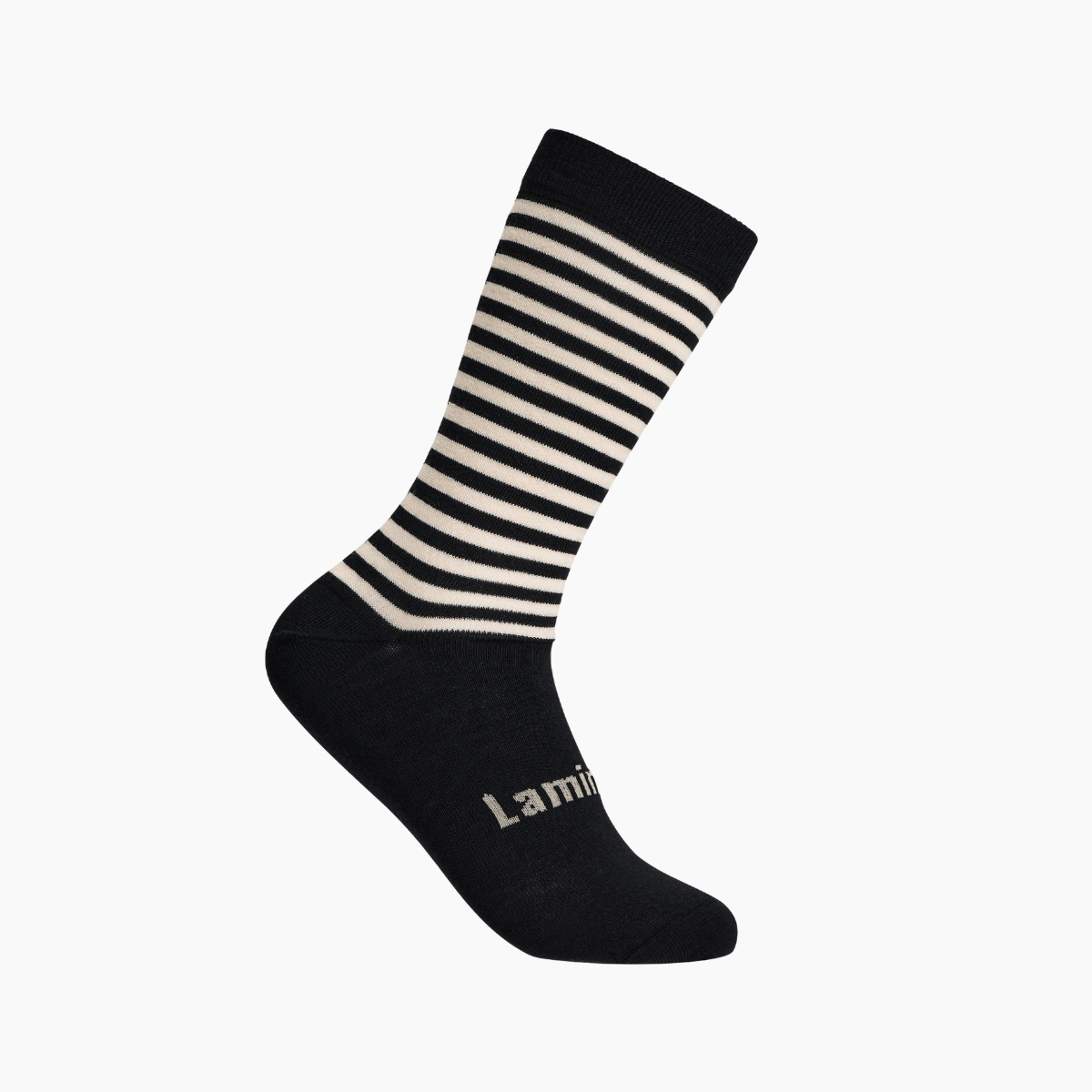 Merino Wool Crew Socks with black base and latte horizontal stripes, perfect for style and comfort.