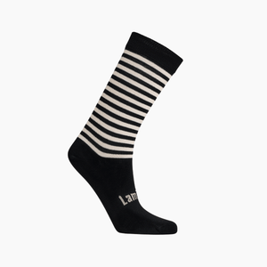 Merino Wool Crew Socks for Women featuring black base with latte stripes, perfect for cozy wear and stylish outfits.