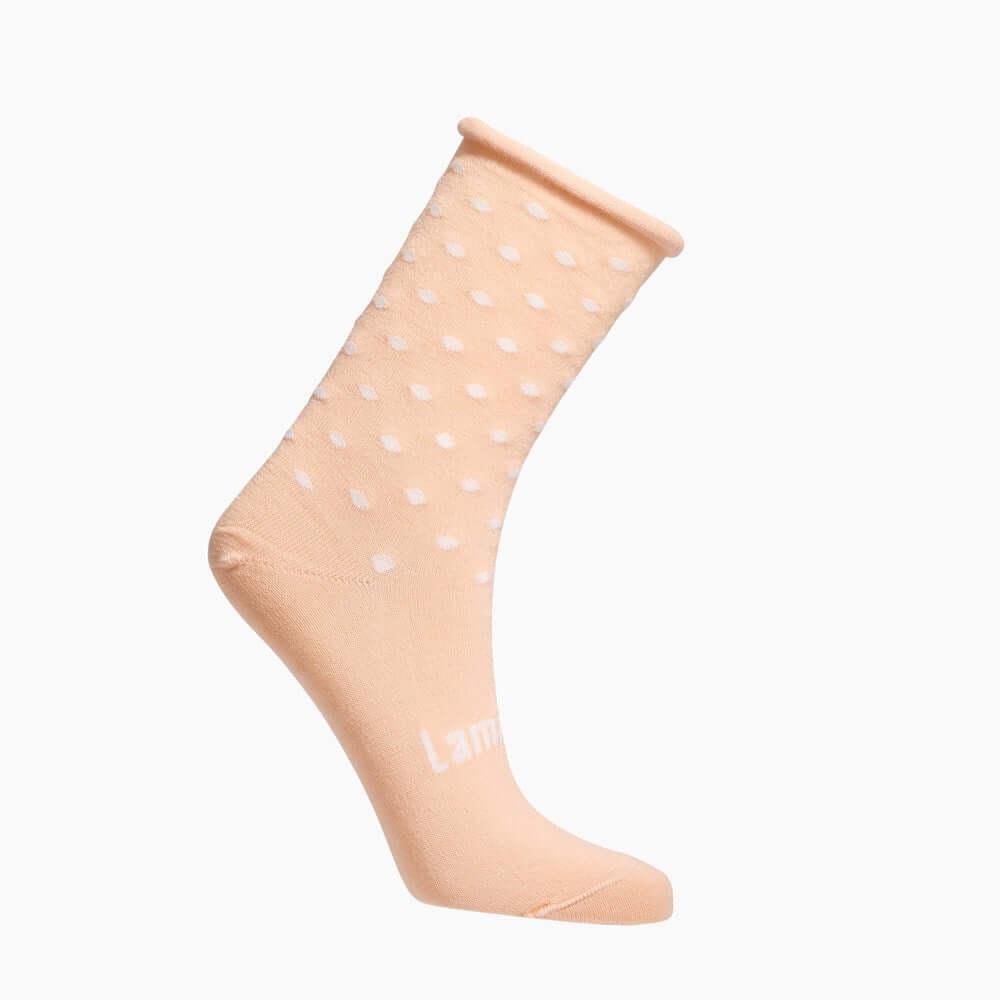 Childrens merino wool socks in peach with natural polka dot with roll top