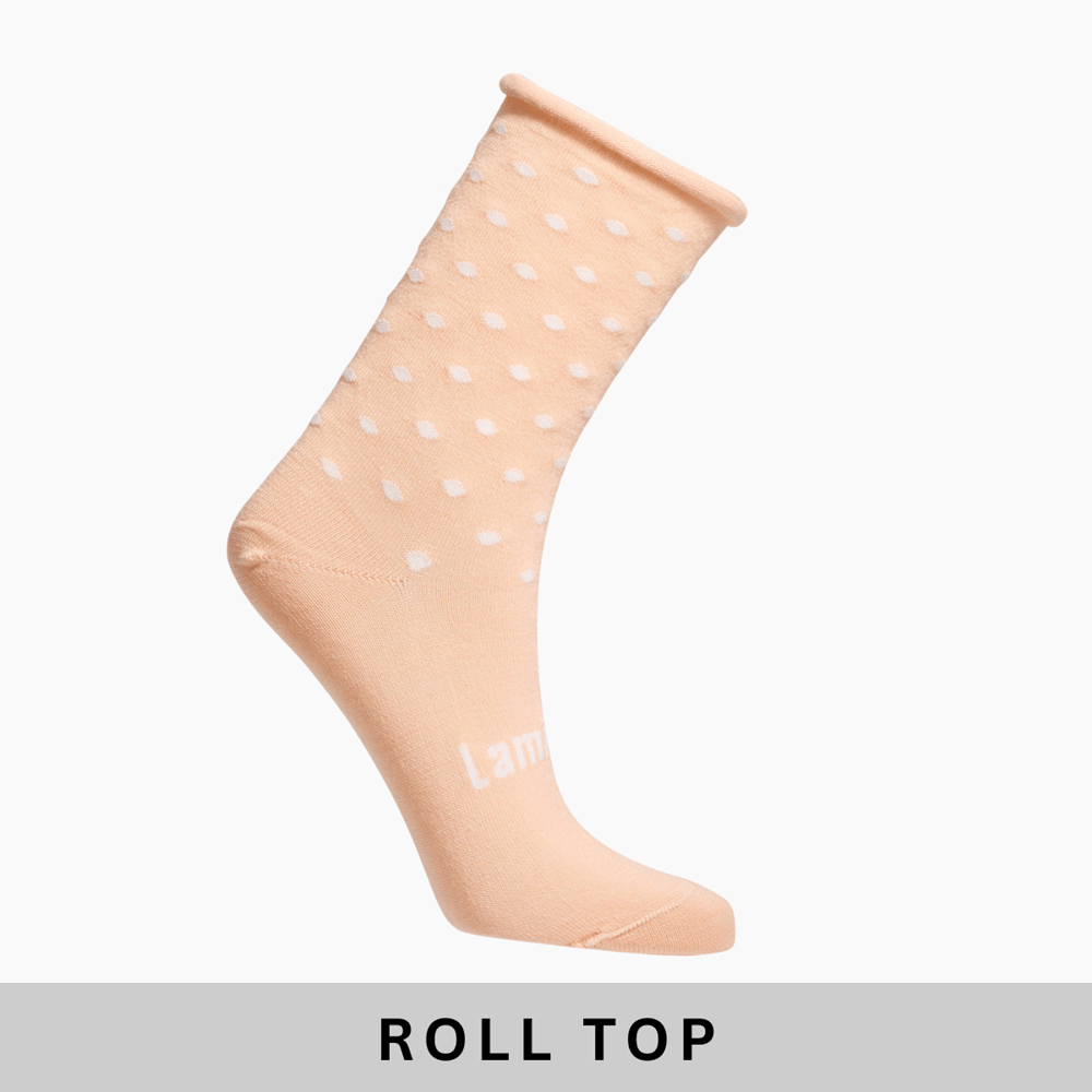 Womens merino wool socks in peach with natural polka dot with roll top