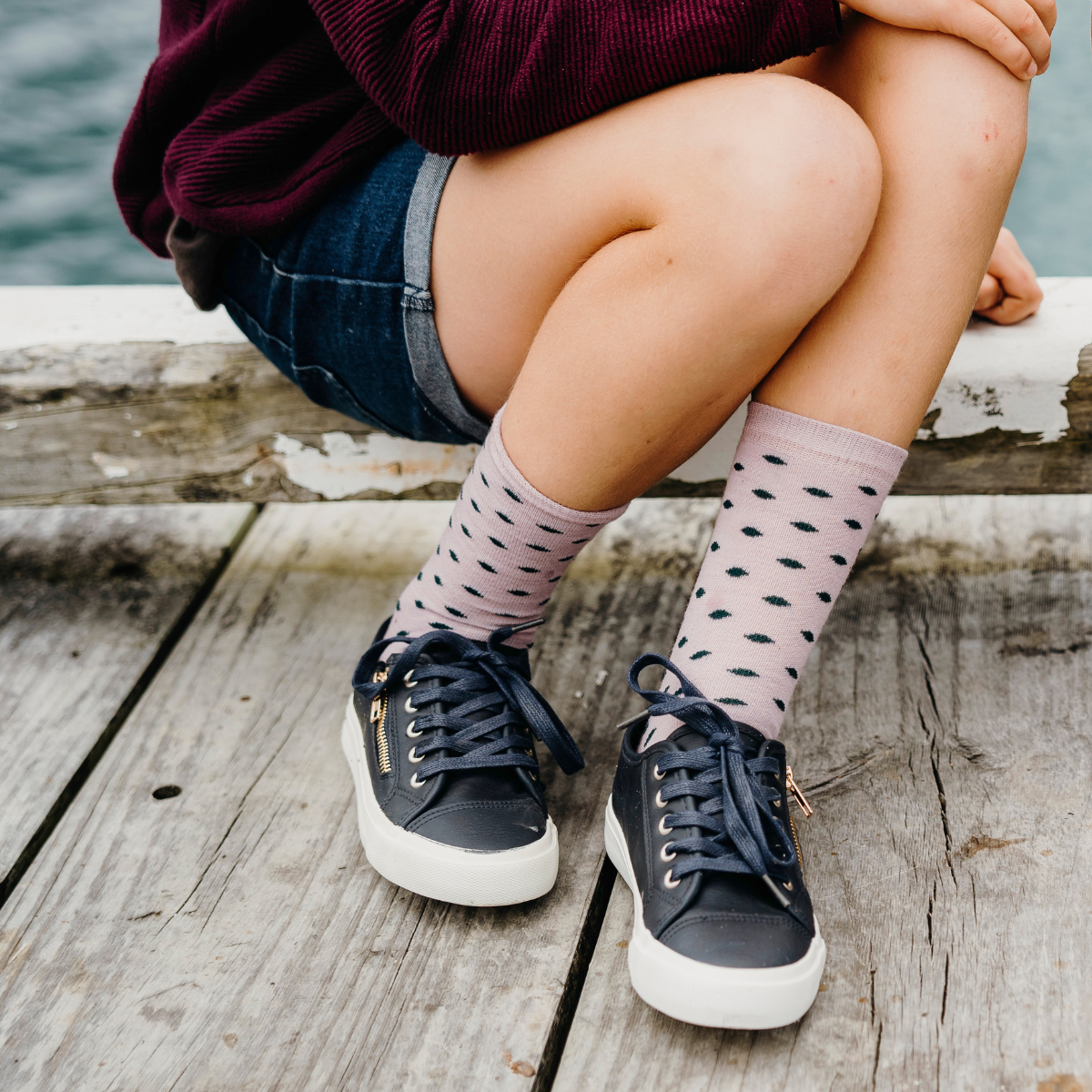 Lilac with Dark Green spots Merino Wool child socks by Lamington NZ