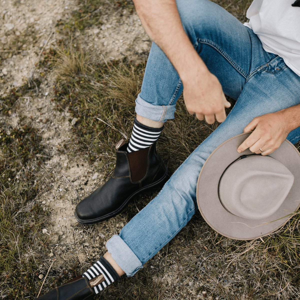 Merino wool comfort socks with roll top crew grey and natural stripes for men