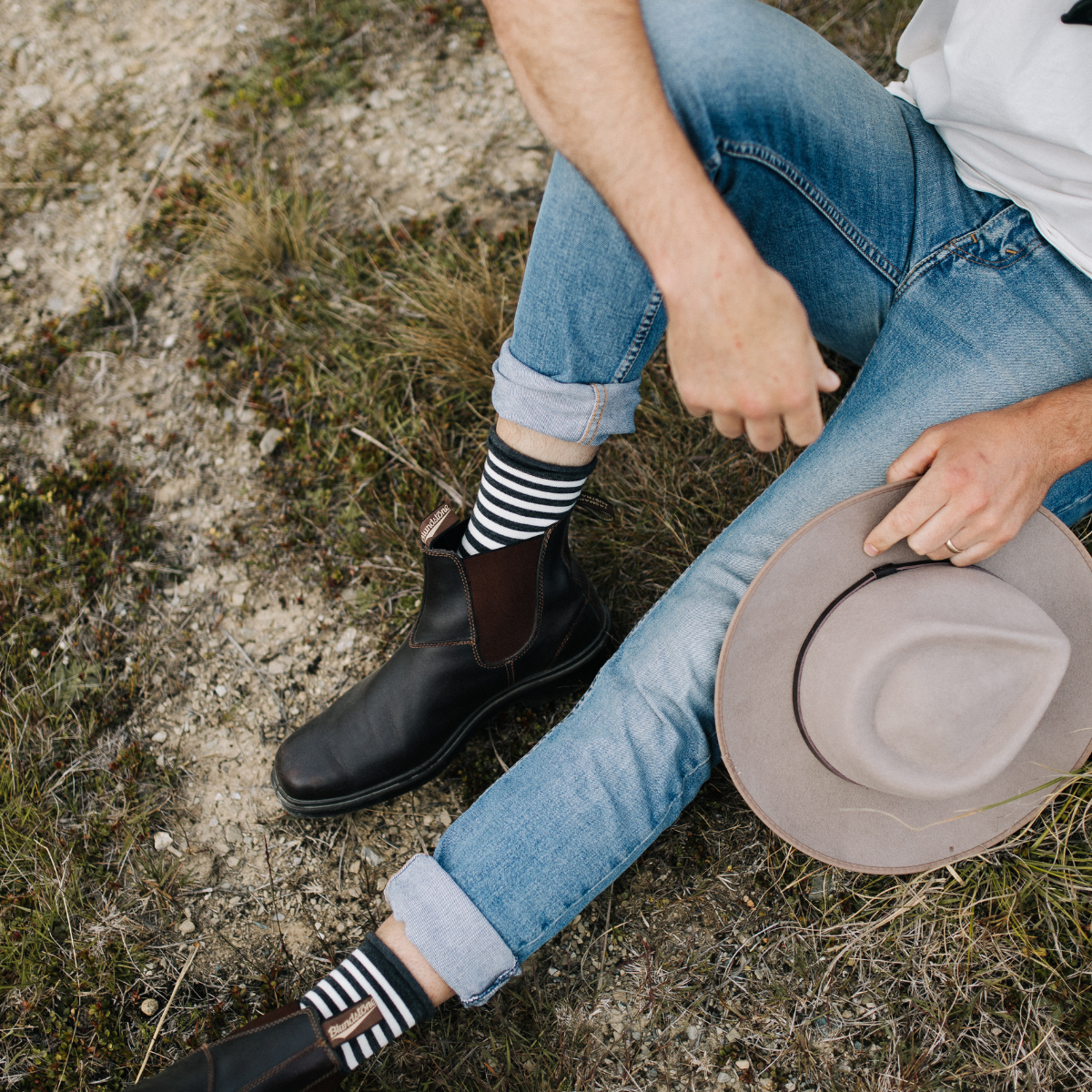 Merino wool comfort socks with roll top crew grey and natural stripes for men