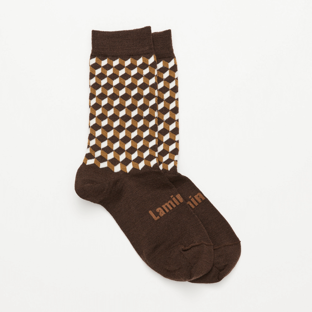 brown geometric merino wool crew socks woman nz