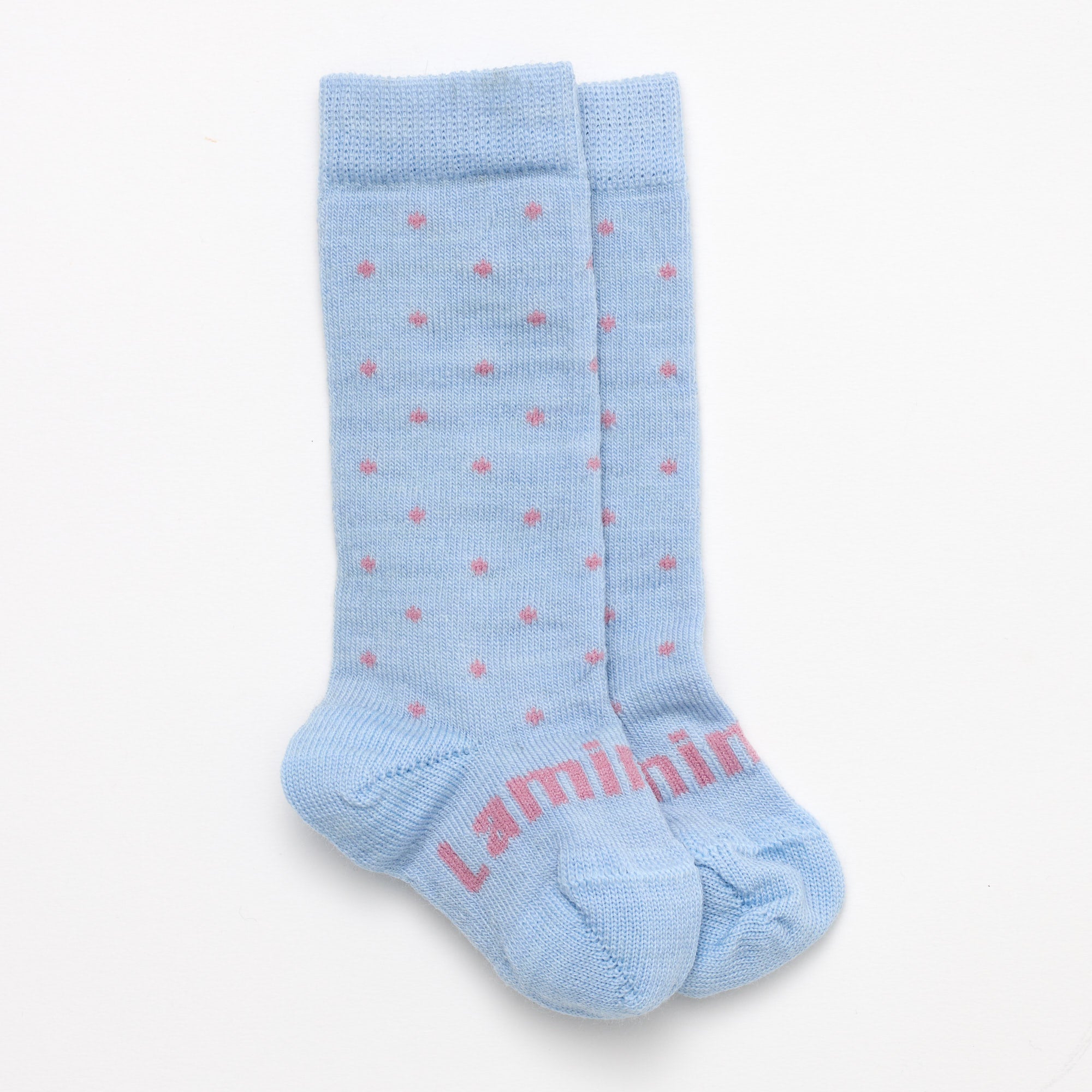 Merino Wool Baby Knee-high socks light blue with lilac spots by Lamington NZ