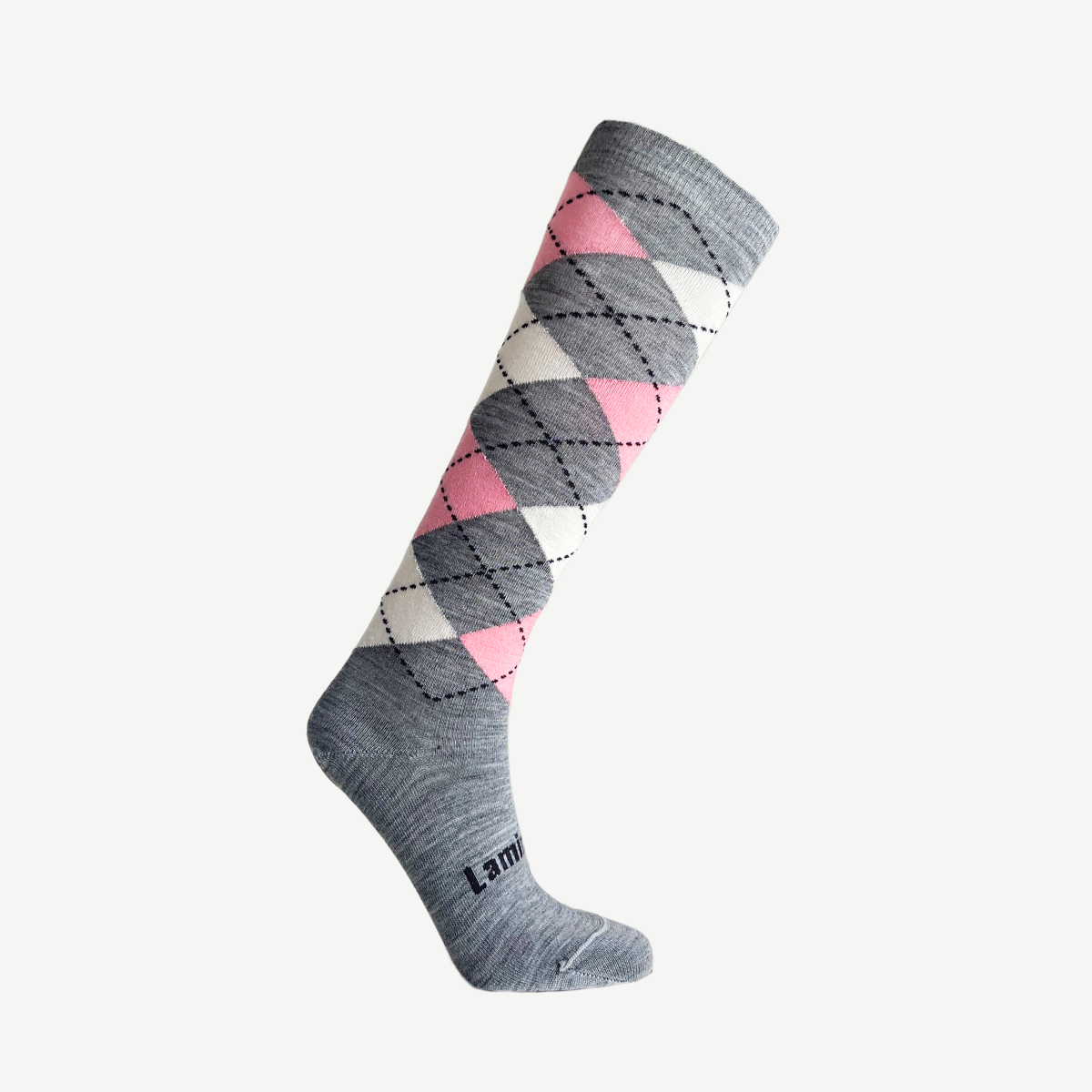 merino wool knee-high socks for women grey with white and pink argyle pattern nz