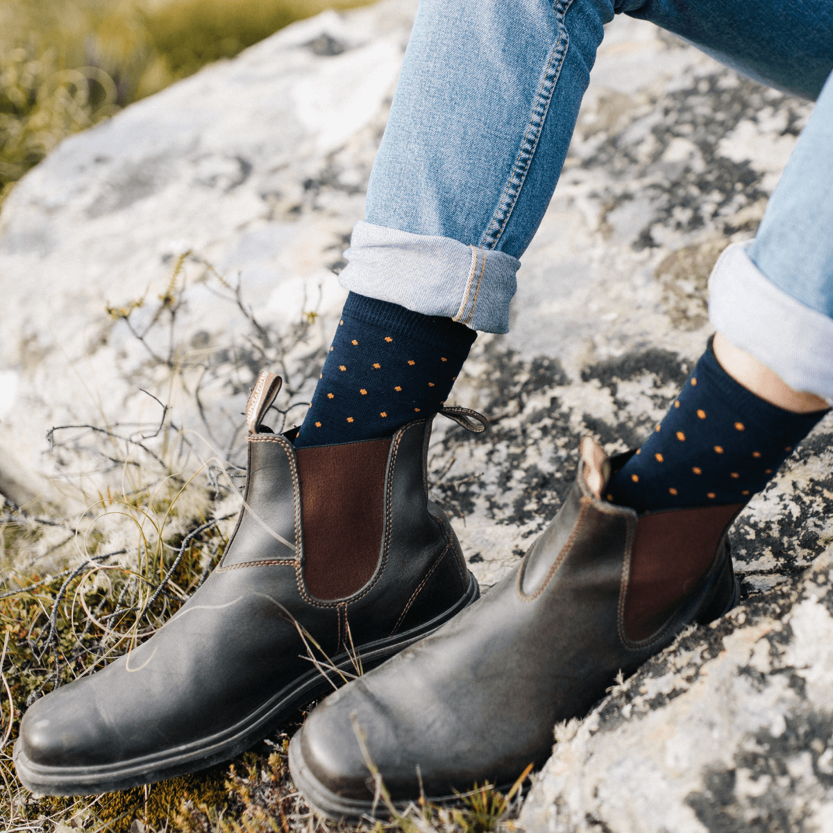 merino wool crew socks blue with orange spots man woman nz