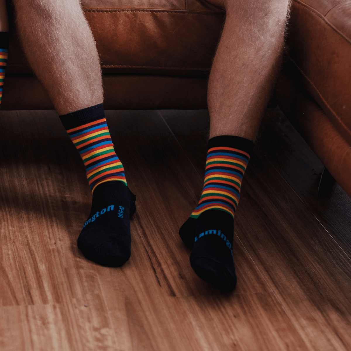 Rainbow striped mens merino wool crew socks by Lamington NZ