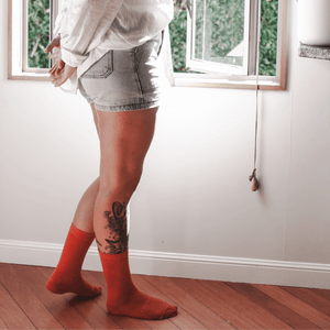 woman wearing merino wool socks rust rib nz